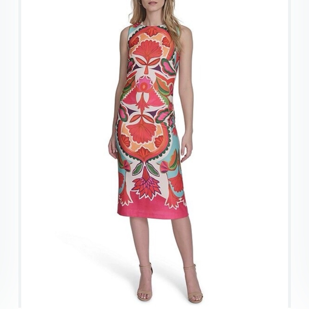 VINCE CAMUTO Sleeveless Abstract Colorful Midi Sheath Dress